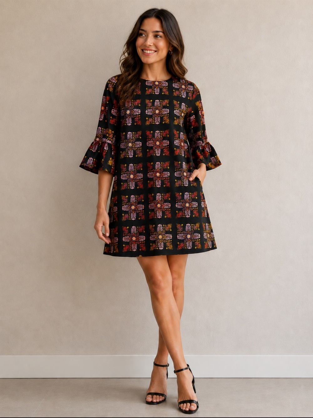 La DoubleJ 24/7 Printed Bell Sleeve Kaleidoscope Medallion Mini Dress Size XS